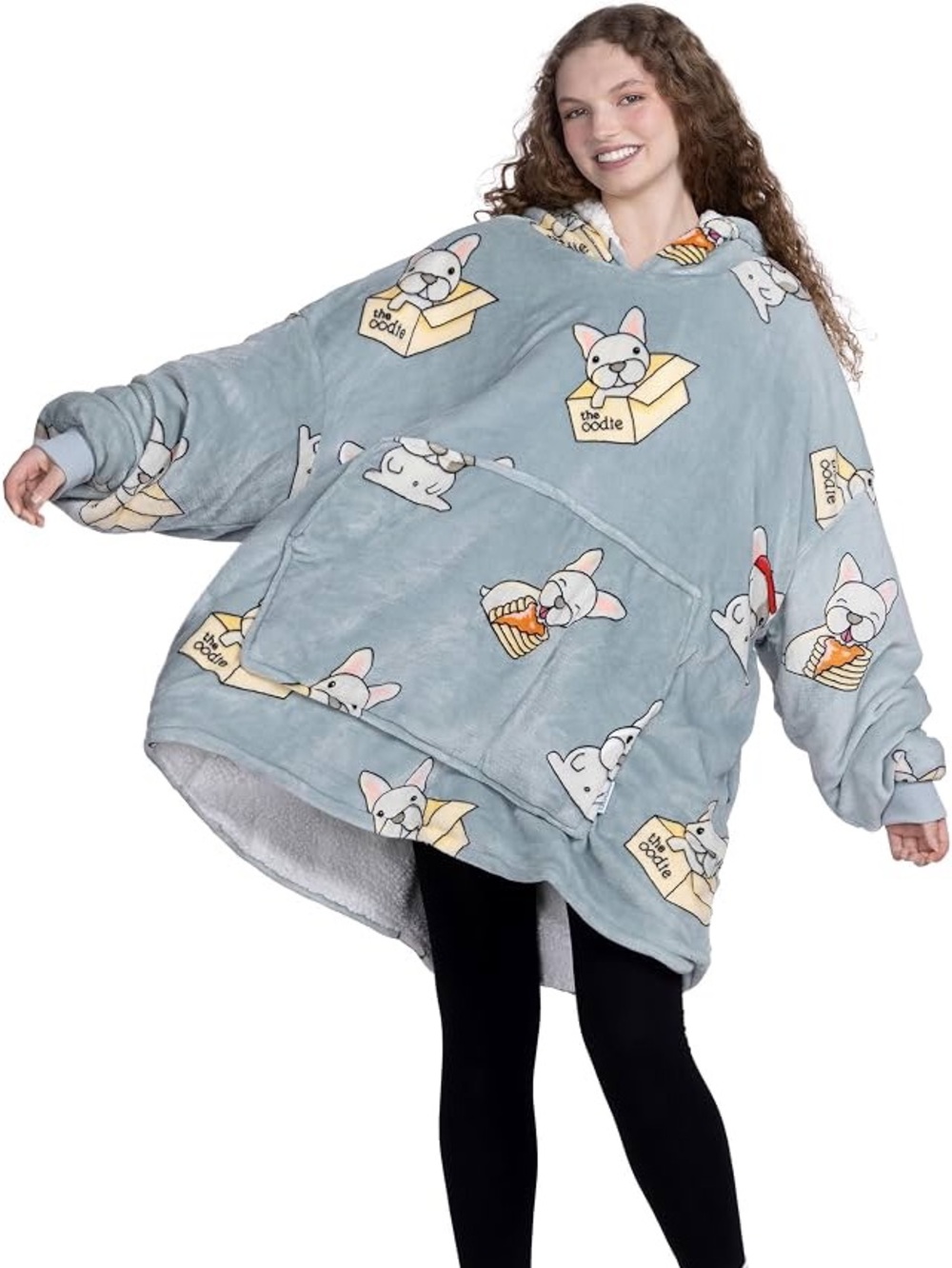 Oversized Grey Plush Hoodie Blanket with Cute French Bulldog Print